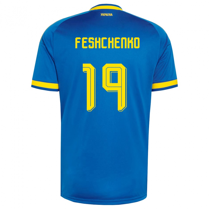 נשים אוקראינה Oleksandr Feshchenko #19 כחול צהוב כהה הרחק ג'רזי 26-28 חולצה קצרה