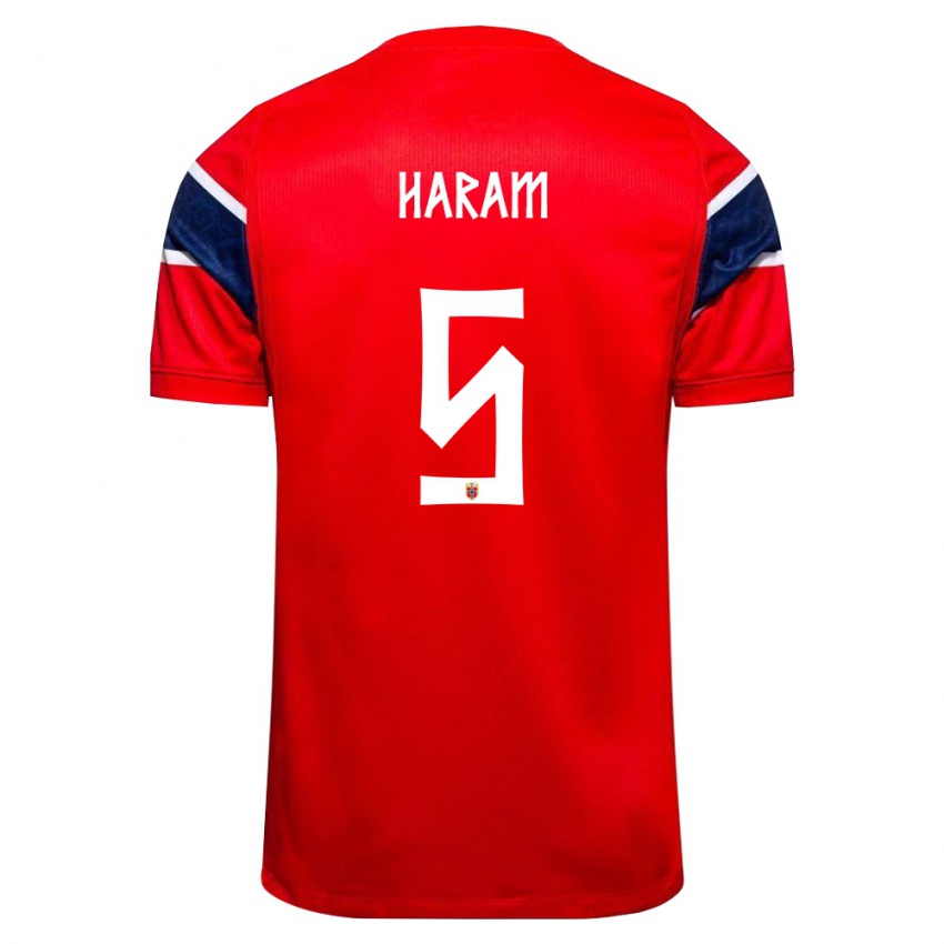 ילדים נורבגיה Simen Haram #5 אדום כהה לבן ג'רזי ביתית 26-28 חולצה קצרה