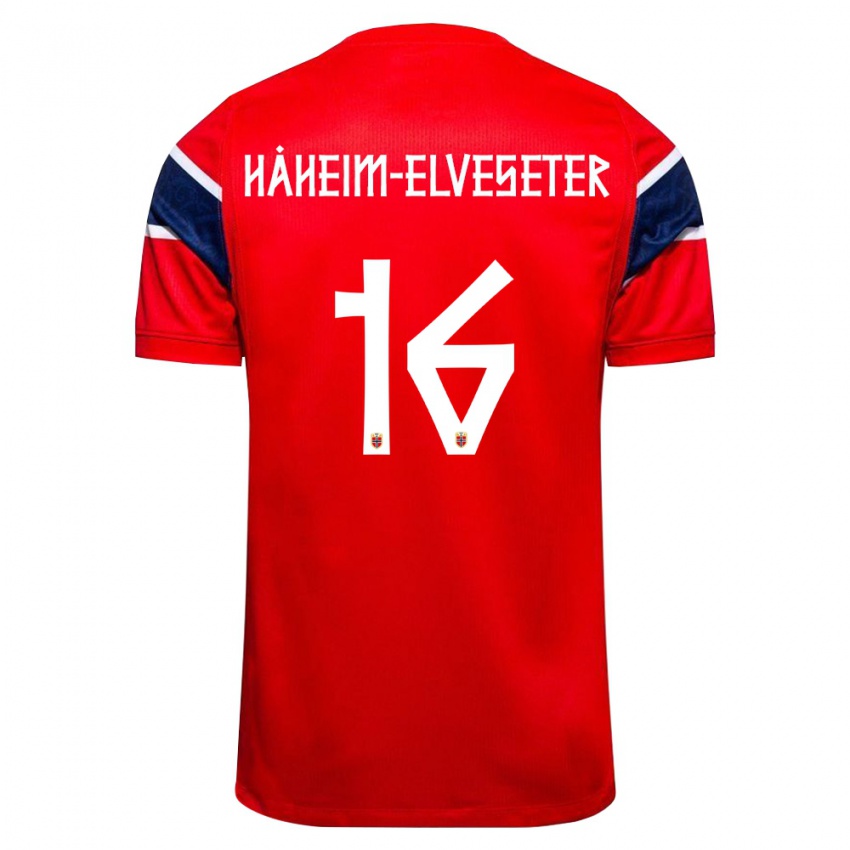 ילדים נורבגיה Martin Håheim-Elveseter #16 אדום כהה לבן ג'רזי ביתית 26-28 חולצה קצרה