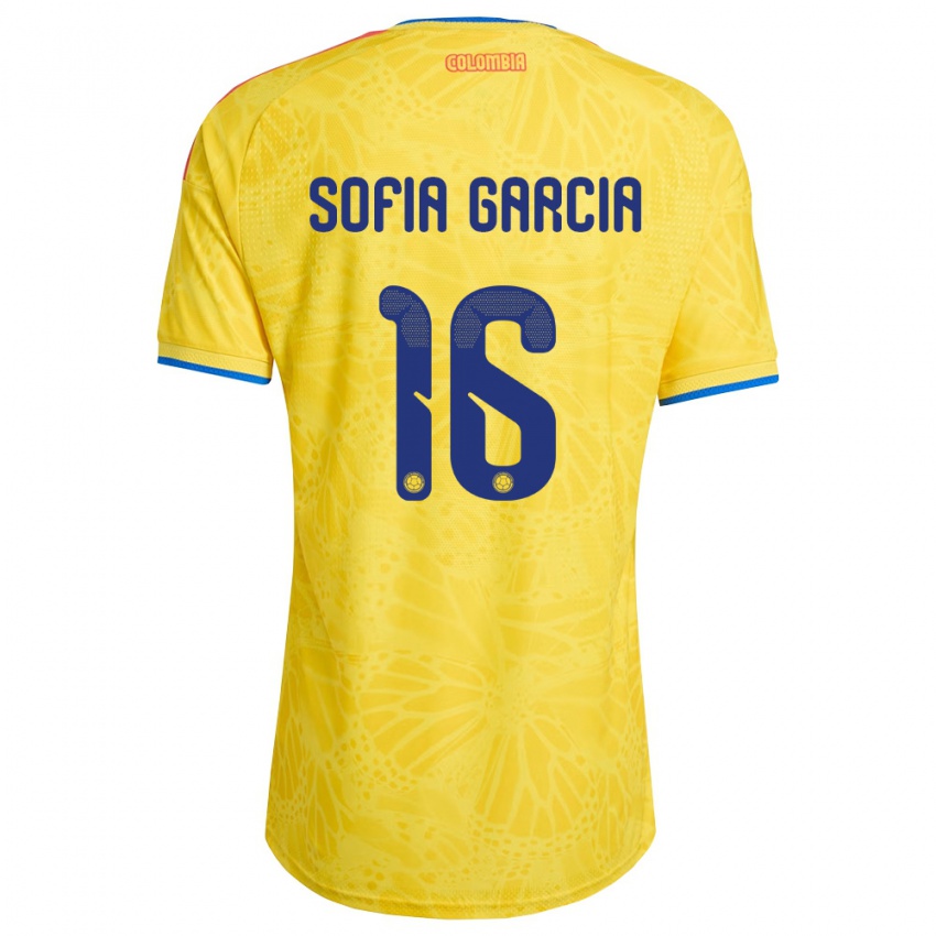 ילדים קולומביה Sofía García #16 צהוב כחול אדום ג'רזי ביתית 26-28 חולצה קצרה