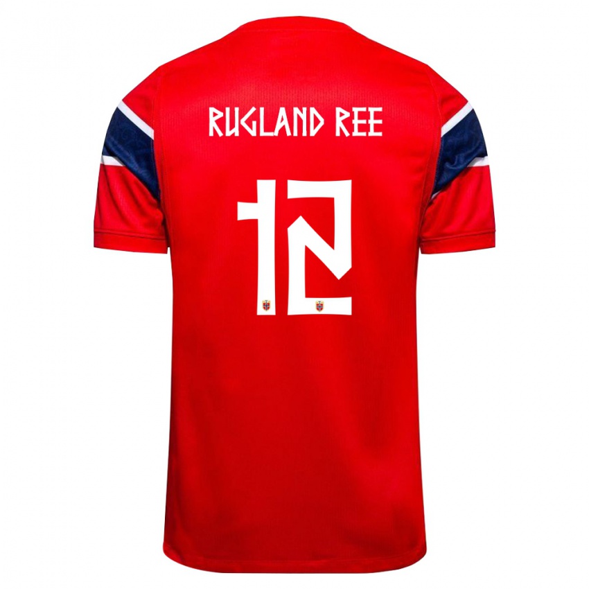 גברים נורבגיה Magnus Rugland Ree #12 אדום כהה לבן ג'רזי ביתית 26-28 חולצה קצרה