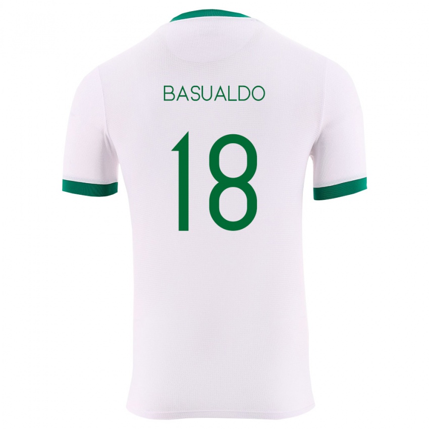 גברים בוליביה Yoselin Basualdo #18 לבן ירוק אדום הרחק ג'רזי 26-28 חולצה קצרה