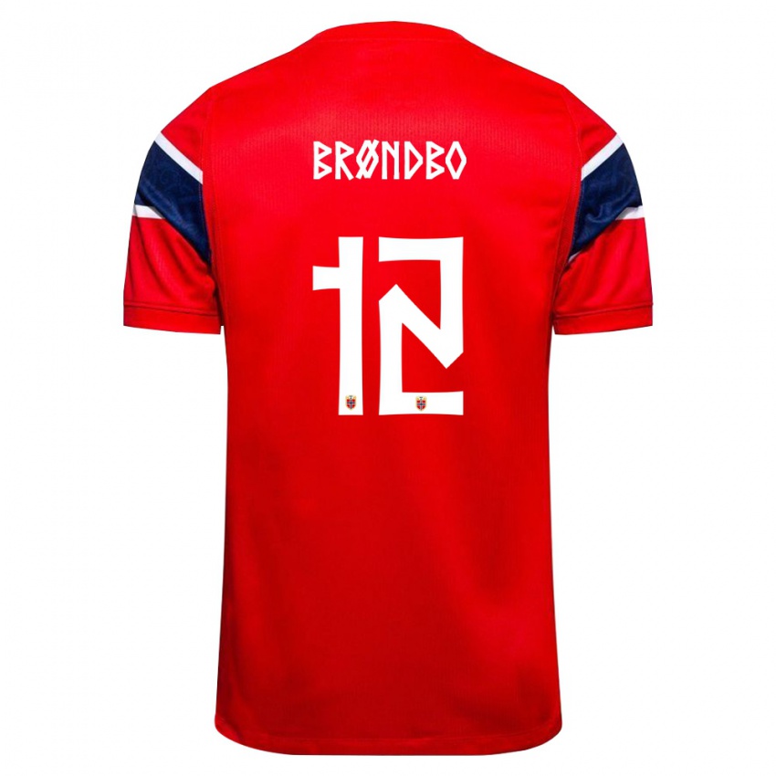 נשים נורבגיה Magnus Brøndbo #12 אדום כהה לבן ג'רזי ביתית 26-28 חולצה קצרה