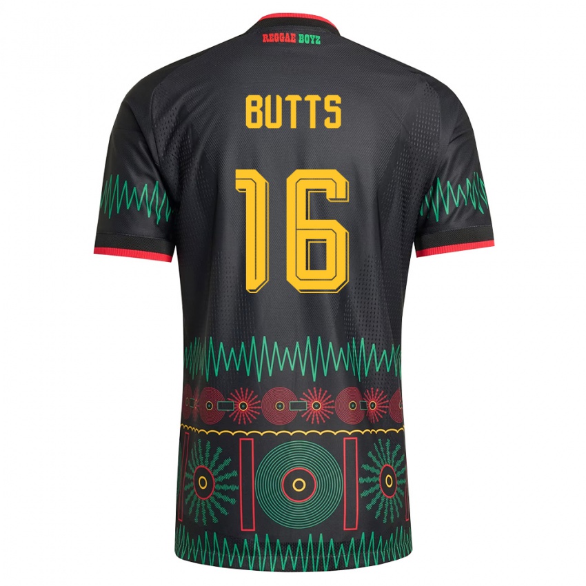 ילדים ג'מייקה Njeri Butts #16 שחור אדום צהוב הרחק ג'רזי 26-28 חולצה קצרה
