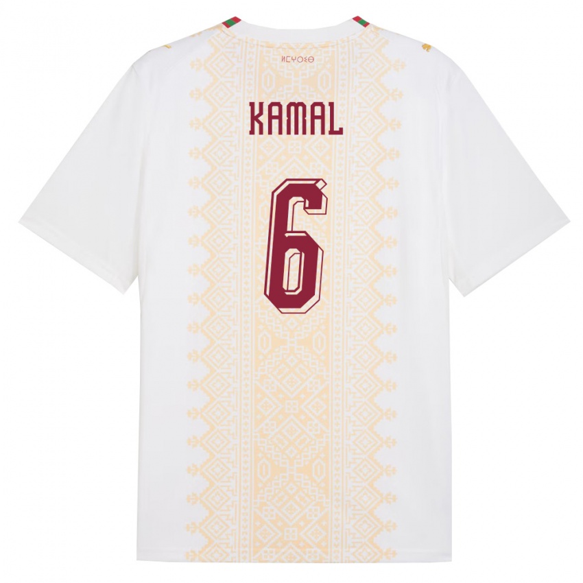 ילדים מָרוֹקוֹ Hamza Kamal #6 לבן זהב אדום הרחק ג'רזי 26-28 חולצה קצרה