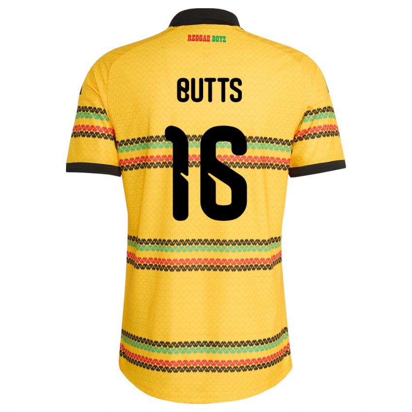 גברים ג'מייקה Njeri Butts #16 צהוב שחור ירוק ג'רזי ביתית 26-28 חולצה קצרה