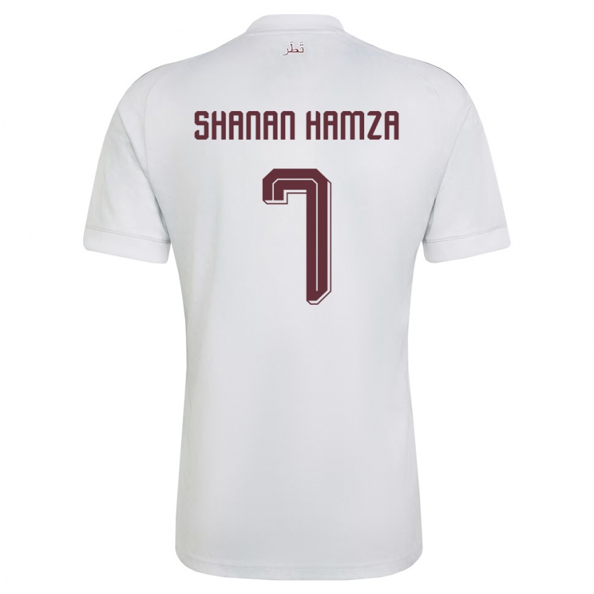 גברים קטאר Mubarak Shanan Hamza #7 לבן בורדו הרחק ג'רזי 26-28 חולצה קצרה