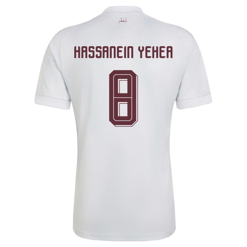 גברים קטאר Mohamed Hassanein Yehea #8 לבן בורדו הרחק ג'רזי 26-28 חולצה קצרה