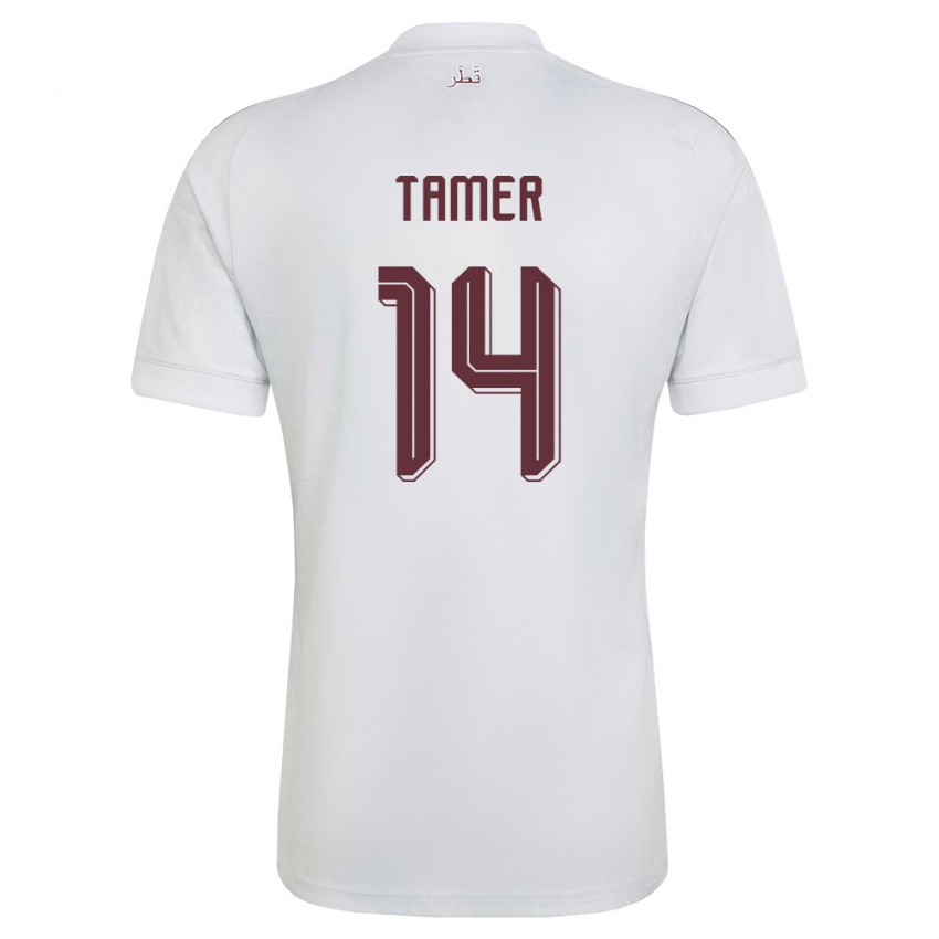 גברים קטאר Noureldan Tamer #14 לבן בורדו הרחק ג'רזי 26-28 חולצה קצרה