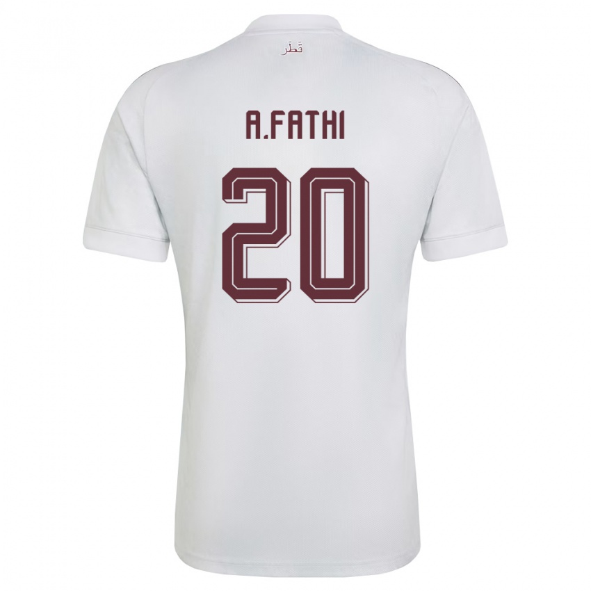 גברים קטאר Ahmed Fathi #20 לבן בורדו הרחק ג'רזי 26-28 חולצה קצרה