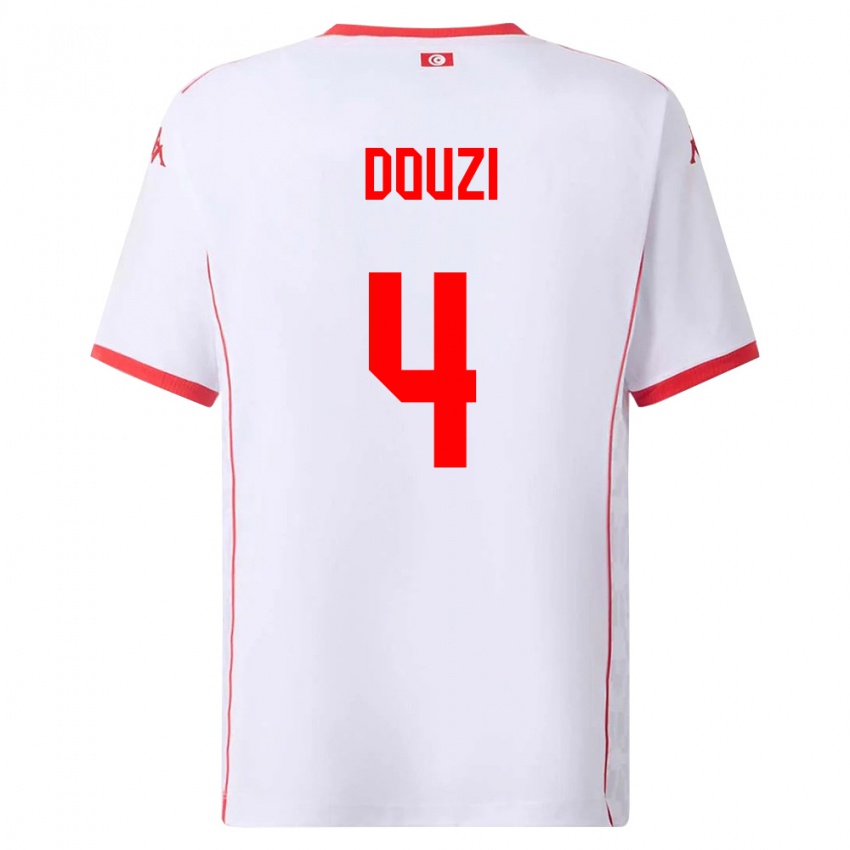 גברים תוניסיה Youssef Douzi #4 לבן אדום הרחק ג'רזי 26-28 חולצה קצרה