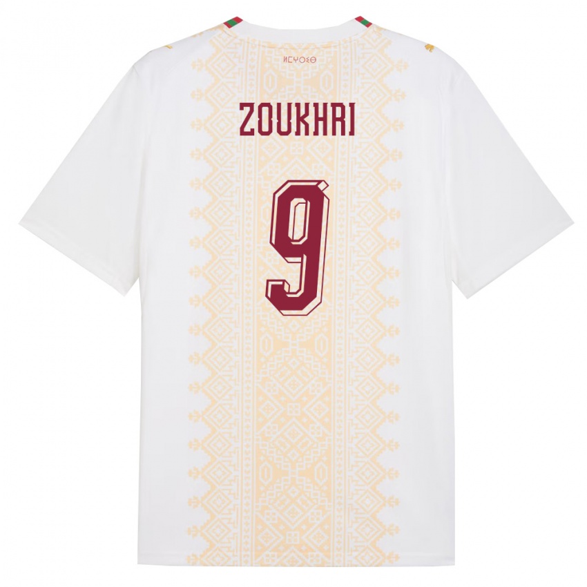 גברים מָרוֹקוֹ Rayan Zoukhri #9 לבן זהב אדום הרחק ג'רזי 26-28 חולצה קצרה