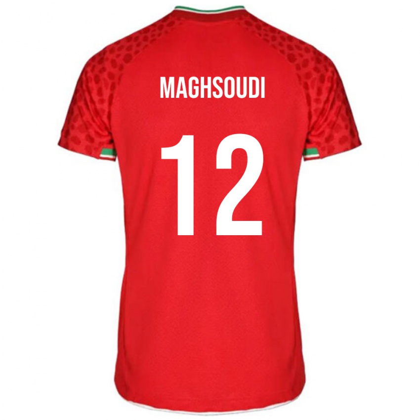 נשים איראן Amirmehdi Maghsoudi #12 אדום לבן הרחק ג'רזי 26-28 חולצה קצרה