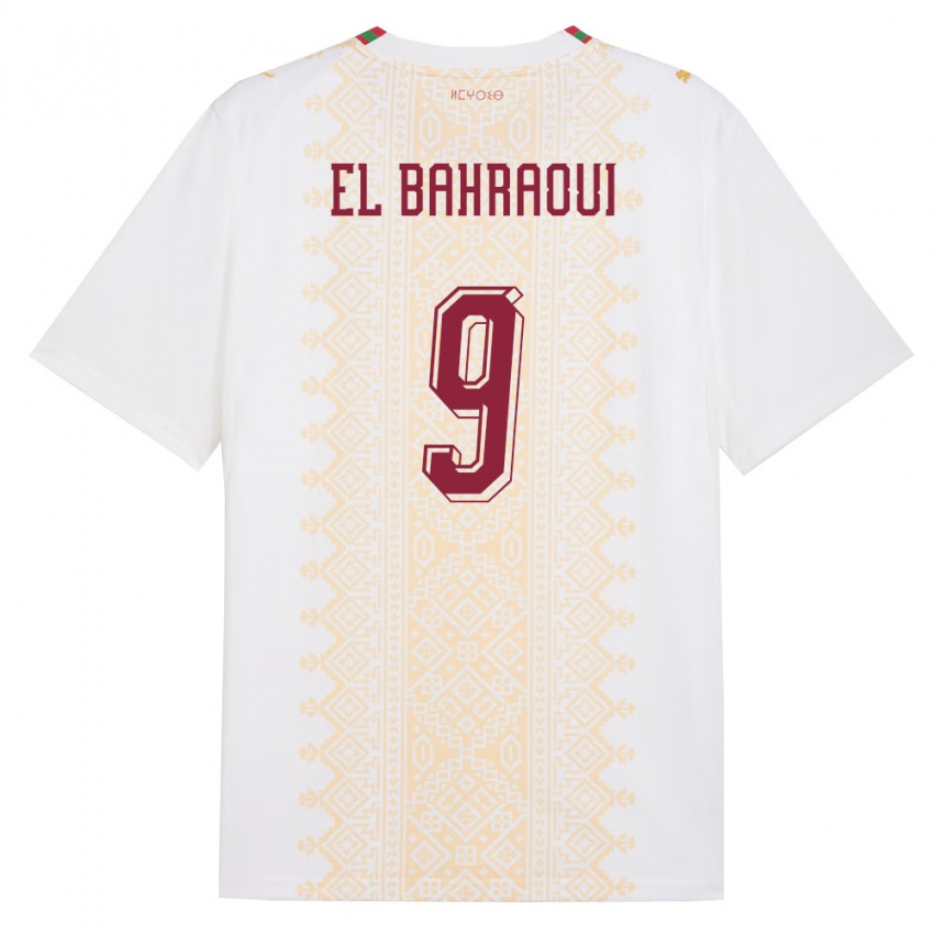 נשים מָרוֹקוֹ Younes El Bahraoui #9 לבן זהב אדום הרחק ג'רזי 26-28 חולצה קצרה