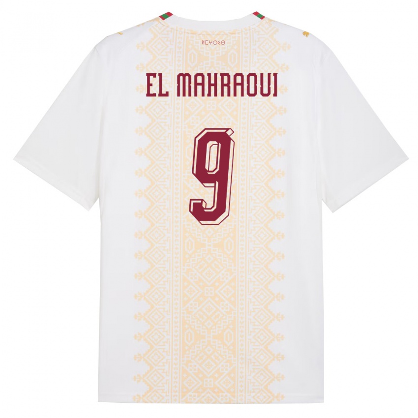 נשים מָרוֹקוֹ Anas El Mahraoui #9 לבן זהב אדום הרחק ג'רזי 26-28 חולצה קצרה
