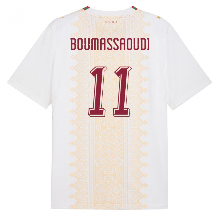 נשים מָרוֹקוֹ Ilias Boumassaoudi #11 לבן זהב אדום הרחק ג'רזי 26-28 חולצה קצרה