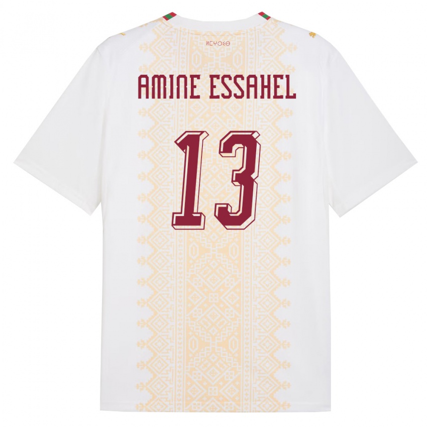 נשים מָרוֹקוֹ Mohamed Amine Essahel #13 לבן זהב אדום הרחק ג'רזי 26-28 חולצה קצרה