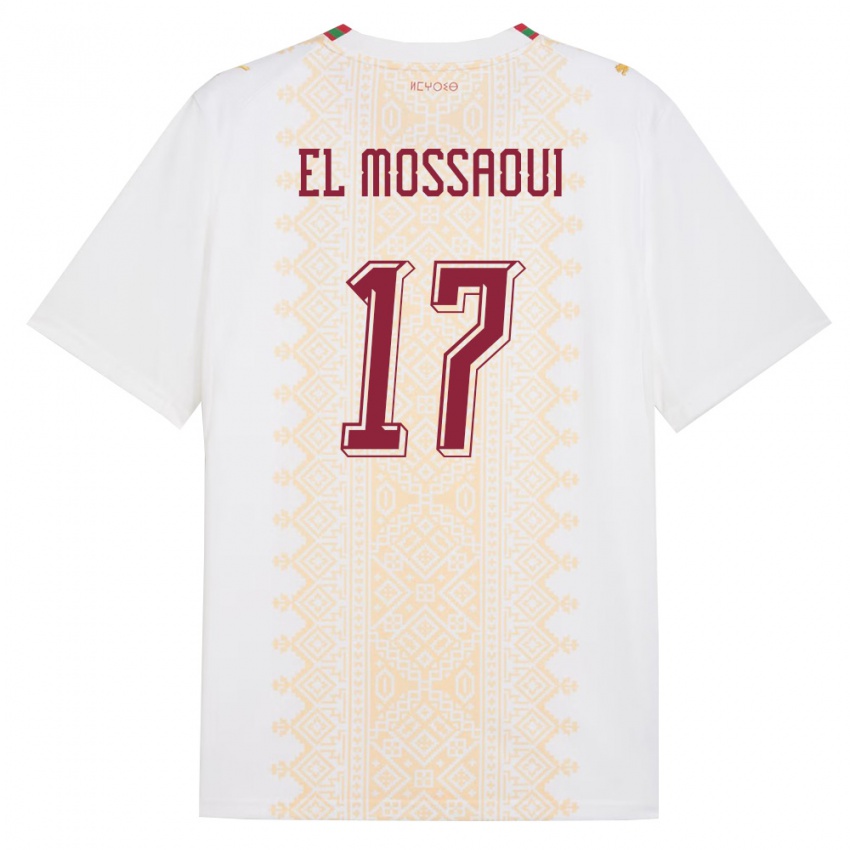 נשים מָרוֹקוֹ Mohamed El Mossaoui #17 לבן זהב אדום הרחק ג'רזי 26-28 חולצה קצרה