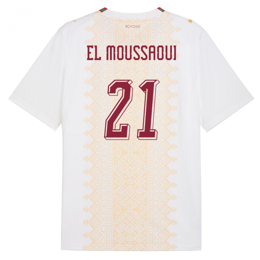 נשים מָרוֹקוֹ Tajeddine El Moussaoui #21 לבן זהב אדום הרחק ג'רזי 26-28 חולצה קצרה