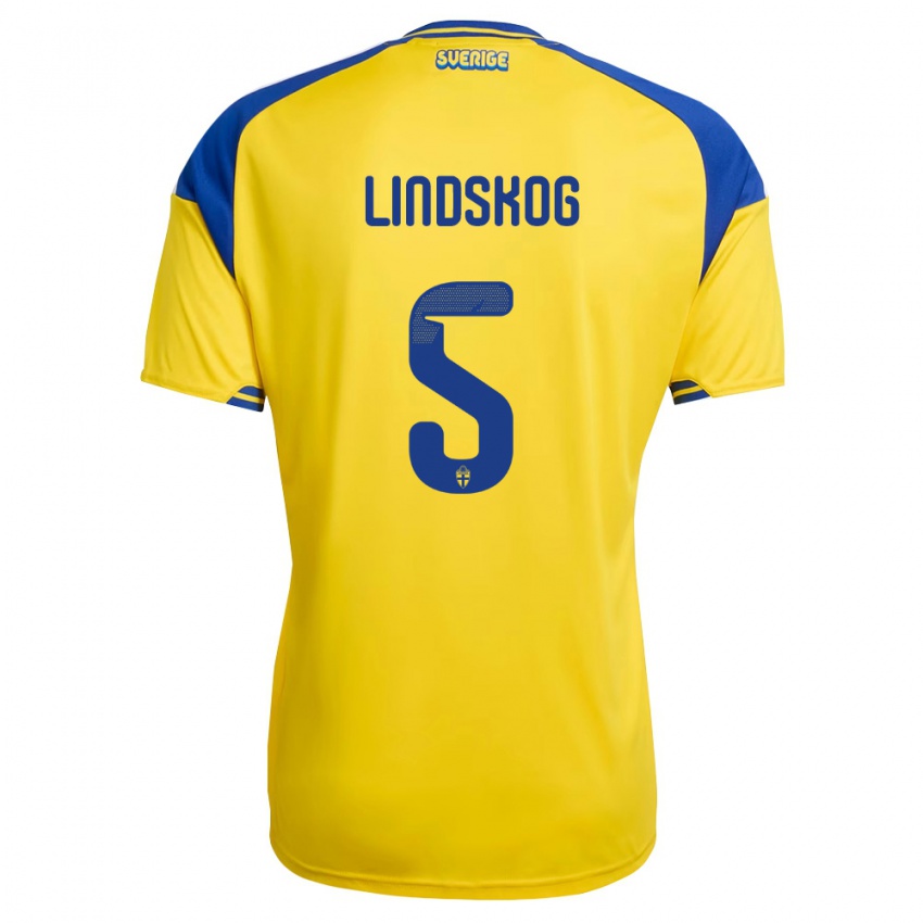 ילדים שוודיה Hugo Lindskog #5 צהוב כחול לבן ג'רזי ביתית 26-28 חולצה קצרה