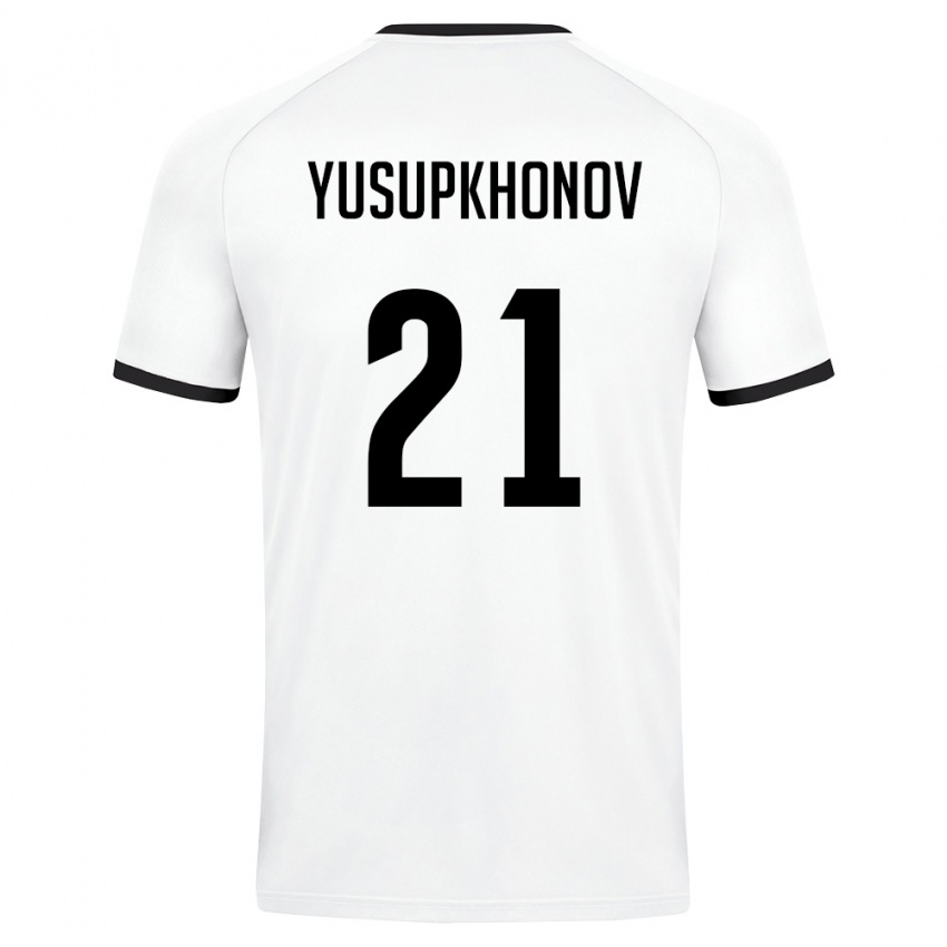 ילדים אוזבקיסטן Zayniddin Yusupkhonov #21 לבן ירוק כהה הרחק ג'רזי 26-28 חולצה קצרה