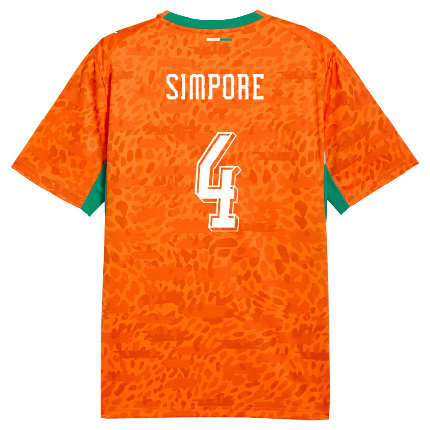 גברים חוף השנהב Eric Simpore #4 כתום ירוק לבן ג'רזי ביתית 26-28 חולצה קצרה