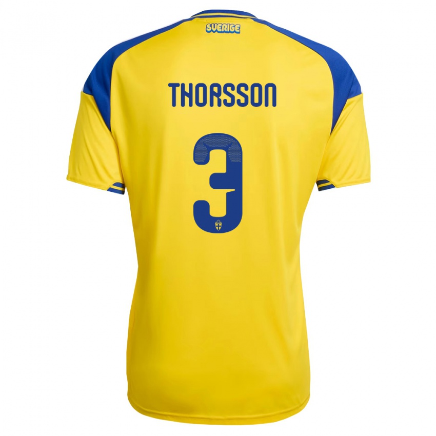 גברים שוודיה Hampus Thorsson #3 צהוב כחול לבן ג'רזי ביתית 26-28 חולצה קצרה