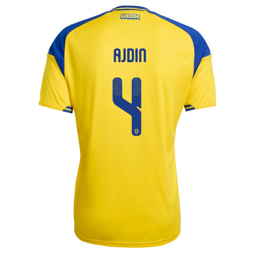 גברים שוודיה Gjan Ajdin #4 צהוב כחול לבן ג'רזי ביתית 26-28 חולצה קצרה