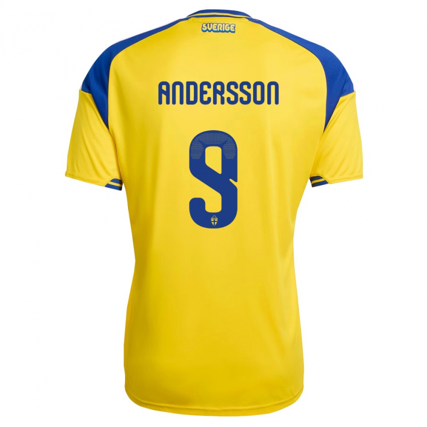גברים שוודיה Åke Andersson #9 צהוב כחול לבן ג'רזי ביתית 26-28 חולצה קצרה