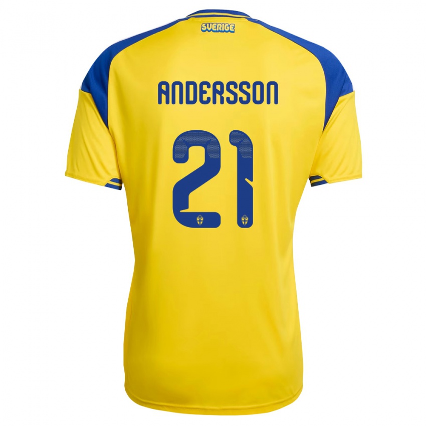 גברים שוודיה Alexander Andersson #21 צהוב כחול לבן ג'רזי ביתית 26-28 חולצה קצרה