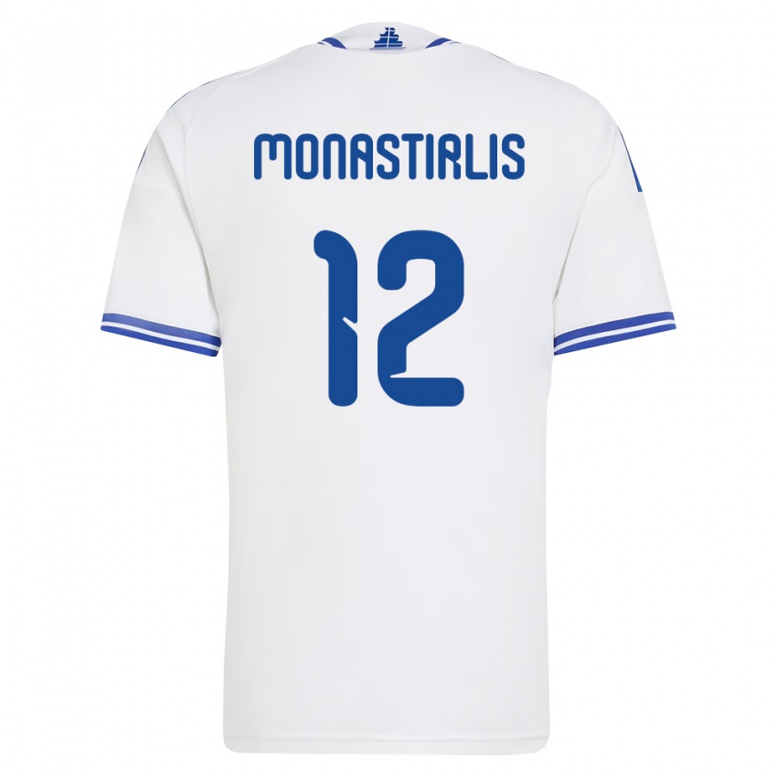 גברים יוון Dimitrios Monastirlis #12 לבן כחול ג'רזי ביתית 26-28 חולצה קצרה