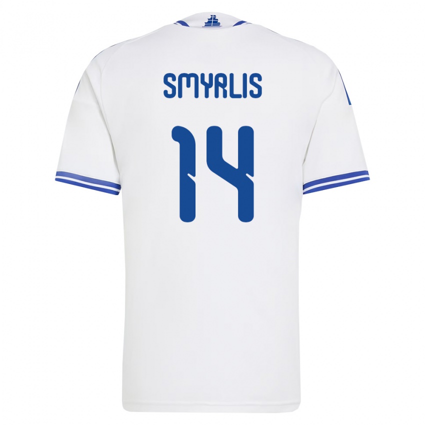 גברים יוון Lampros Smyrlis #14 לבן כחול ג'רזי ביתית 26-28 חולצה קצרה