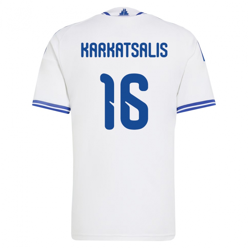 גברים יוון Vasilios Karkatsalis #16 לבן כחול ג'רזי ביתית 26-28 חולצה קצרה