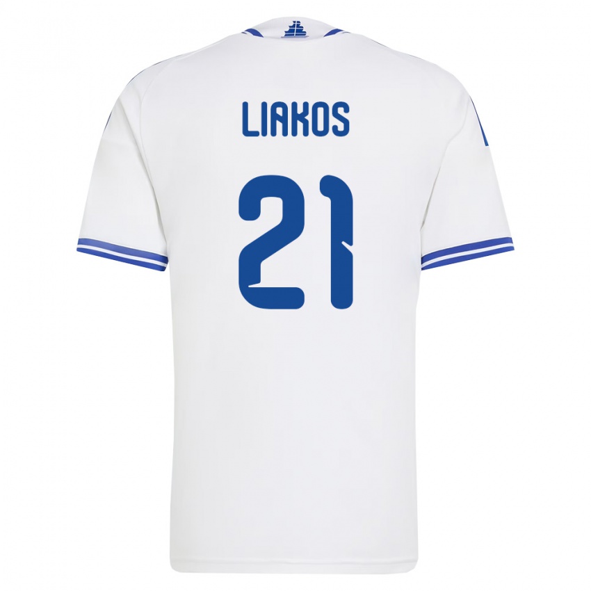 גברים יוון Angelos Liakos #21 לבן כחול ג'רזי ביתית 26-28 חולצה קצרה