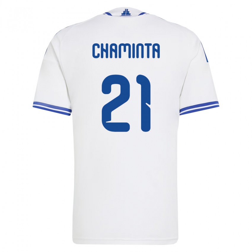 גברים יוון Angelos Chaminta #21 לבן כחול ג'רזי ביתית 26-28 חולצה קצרה