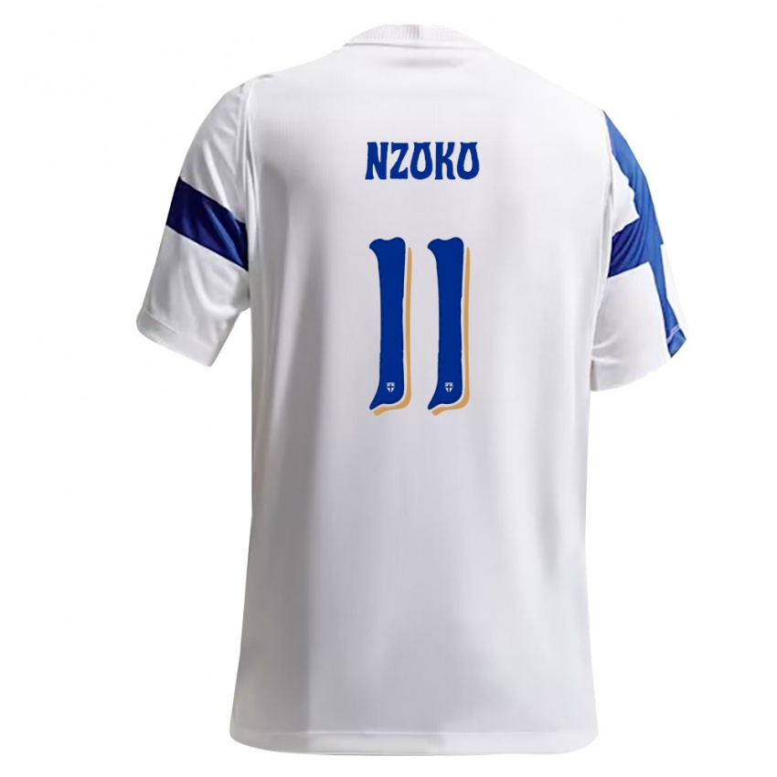 גברים פינלנד Djoully Nzoko #11 לבן כחול ג'רזי ביתית 26-28 חולצה קצרה