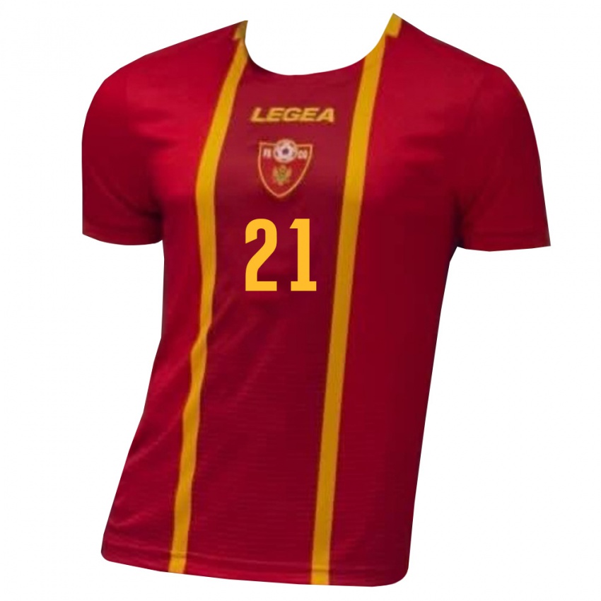 גברים מונטנגרו Danilo Pejović #21 אדום צהוב ג'רזי ביתית 26-28 חולצה קצרה