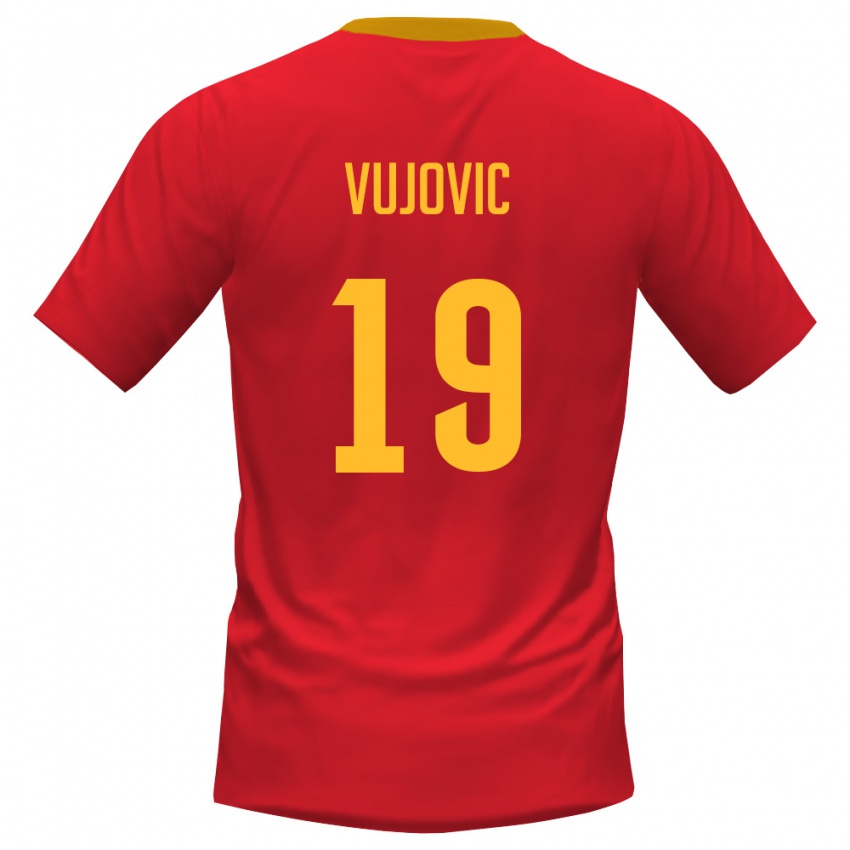 גברים מונטנגרו Petar Vujovic #19 אדום צהוב ג'רזי ביתית 26-28 חולצה קצרה