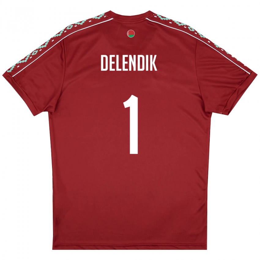 גברים בלארוס Matvey Delendik #1 אדום עמוק לבן ג'רזי ביתית 26-28 חולצה קצרה