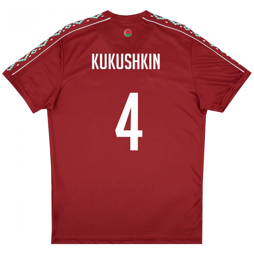 גברים בלארוס Georgiy Kukushkin #4 אדום עמוק לבן ג'רזי ביתית 26-28 חולצה קצרה