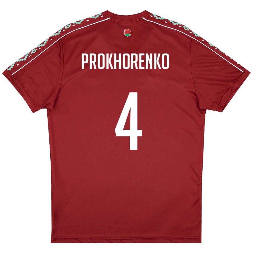 גברים בלארוס Aleksandr Prokhorenko #4 אדום עמוק לבן ג'רזי ביתית 26-28 חולצה קצרה