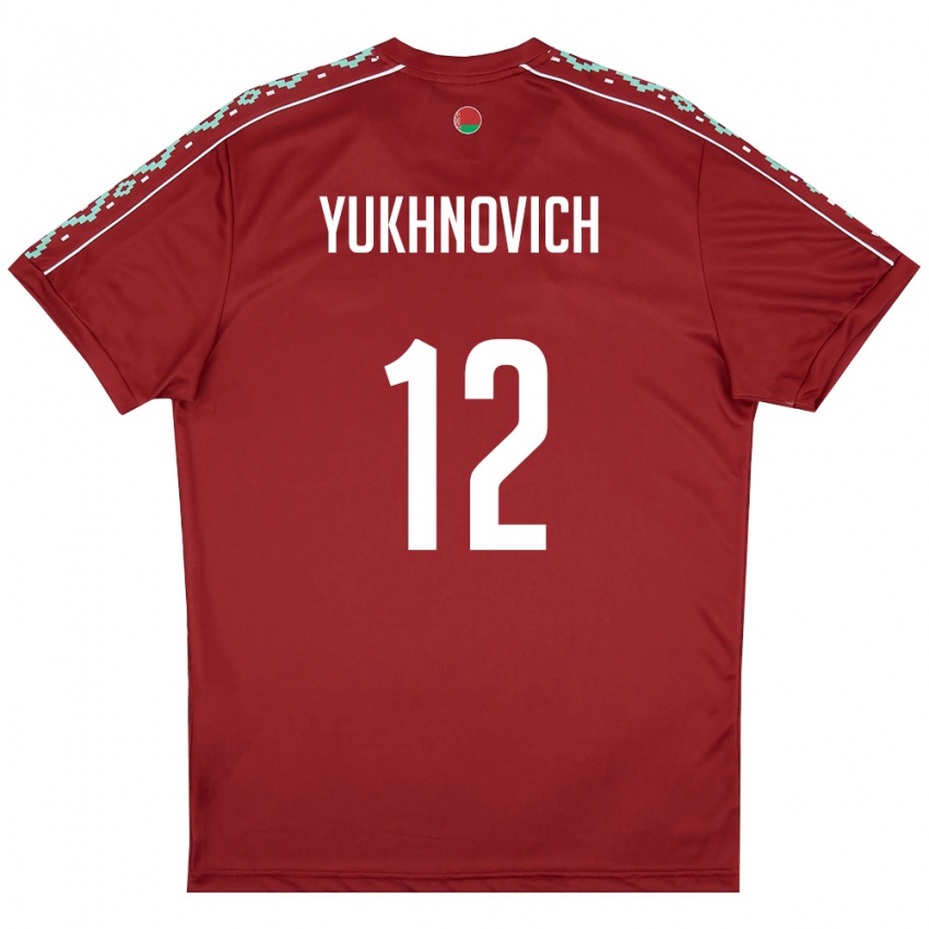 גברים בלארוס Ilya Yukhnovich #12 אדום עמוק לבן ג'רזי ביתית 26-28 חולצה קצרה