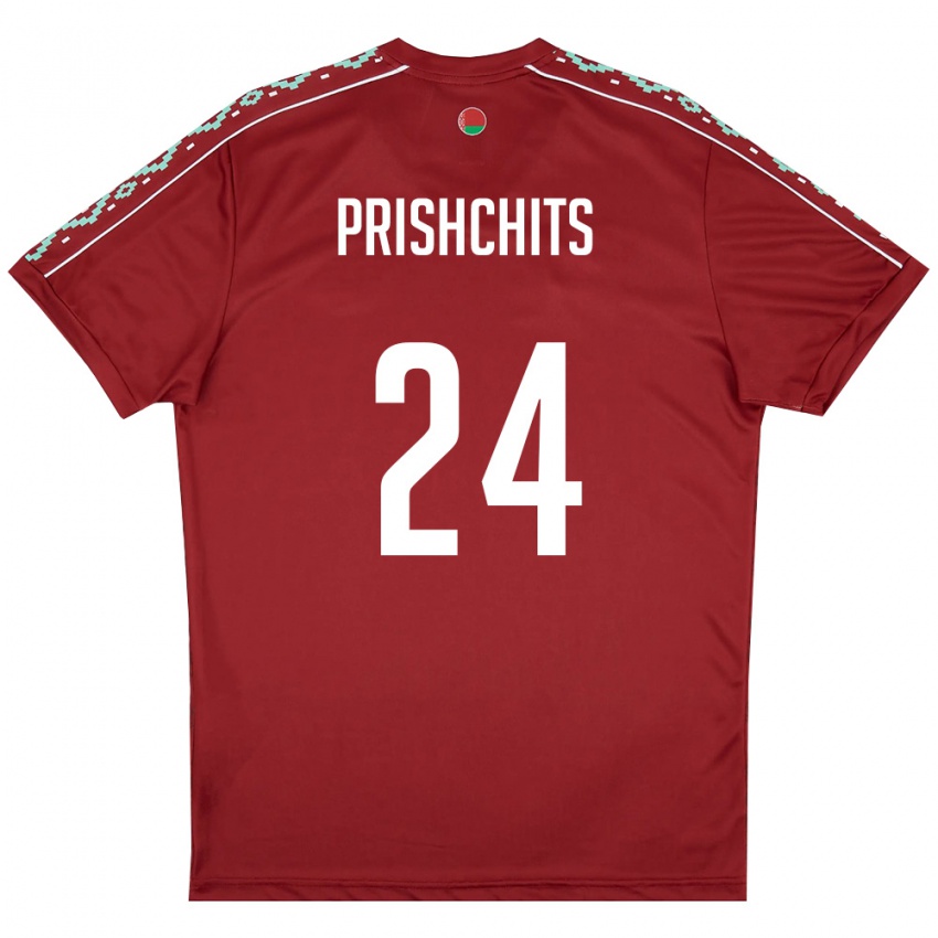 גברים בלארוס Daniil Prishchits #24 אדום עמוק לבן ג'רזי ביתית 26-28 חולצה קצרה