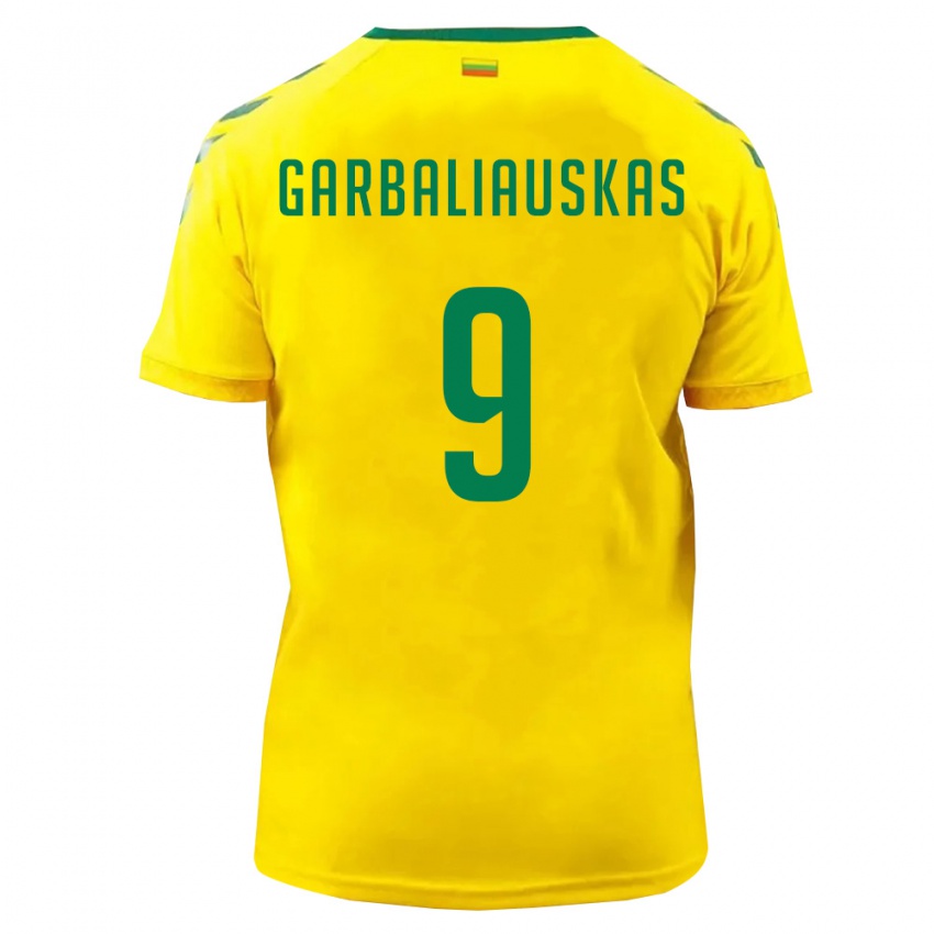 גברים ליטא Nedas Garbaliauskas #9 צהוב ירוק ג'רזי ביתית 26-28 חולצה קצרה