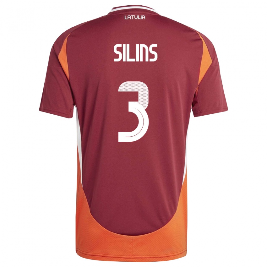 גברים לטביה Matiss Silins #3 אדום עמוק לבן כתום ג'רזי ביתית 26-28 חולצה קצרה