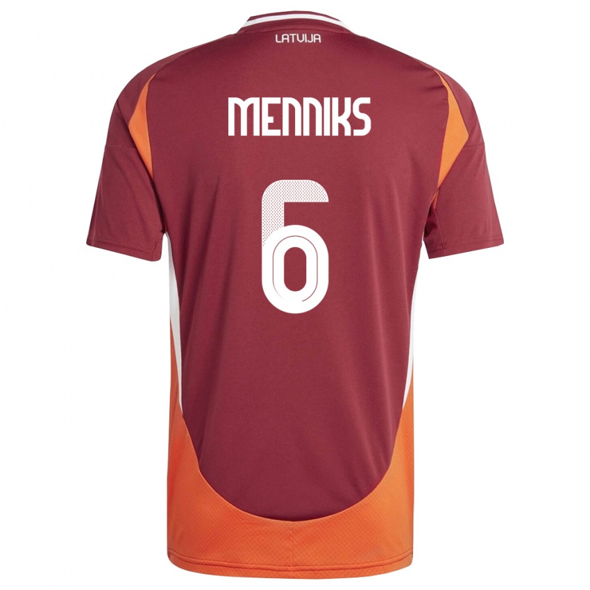 גברים לטביה Mikelis Menniks #6 אדום עמוק לבן כתום ג'רזי ביתית 26-28 חולצה קצרה