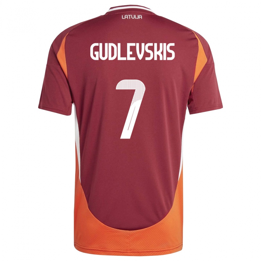גברים לטביה Reinards Gudlevskis #7 אדום עמוק לבן כתום ג'רזי ביתית 26-28 חולצה קצרה