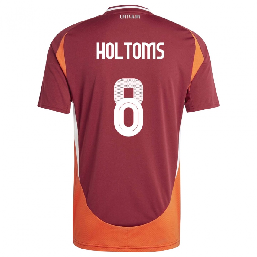 גברים לטביה Henrijs Holtoms #8 אדום עמוק לבן כתום ג'רזי ביתית 26-28 חולצה קצרה