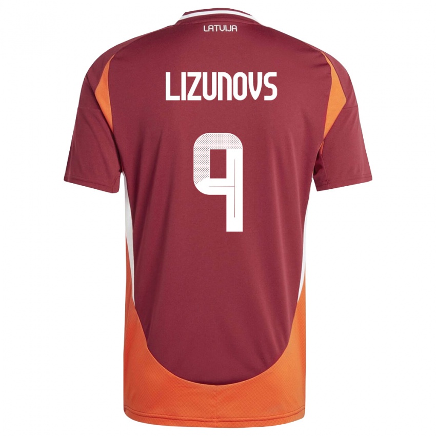 גברים לטביה Valerijs Lizunovs #9 אדום עמוק לבן כתום ג'רזי ביתית 26-28 חולצה קצרה