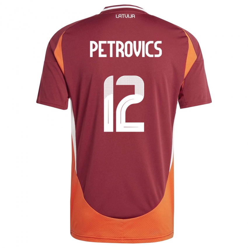 גברים לטביה Toms Petrovics #12 אדום עמוק לבן כתום ג'רזי ביתית 26-28 חולצה קצרה